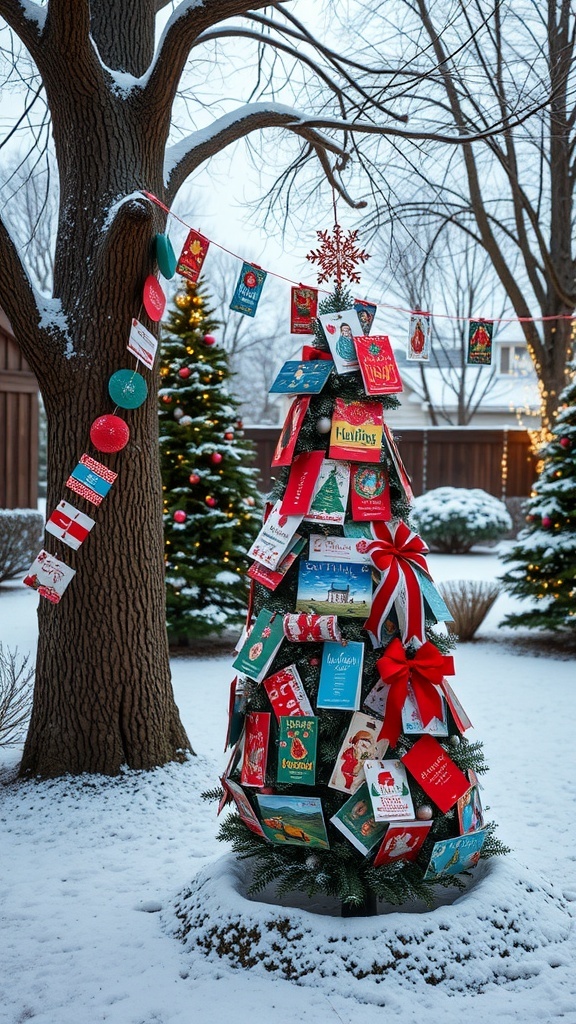 A yard decorated for Christmas with hanging cards, a card tree, and a wreath made of holiday cards.